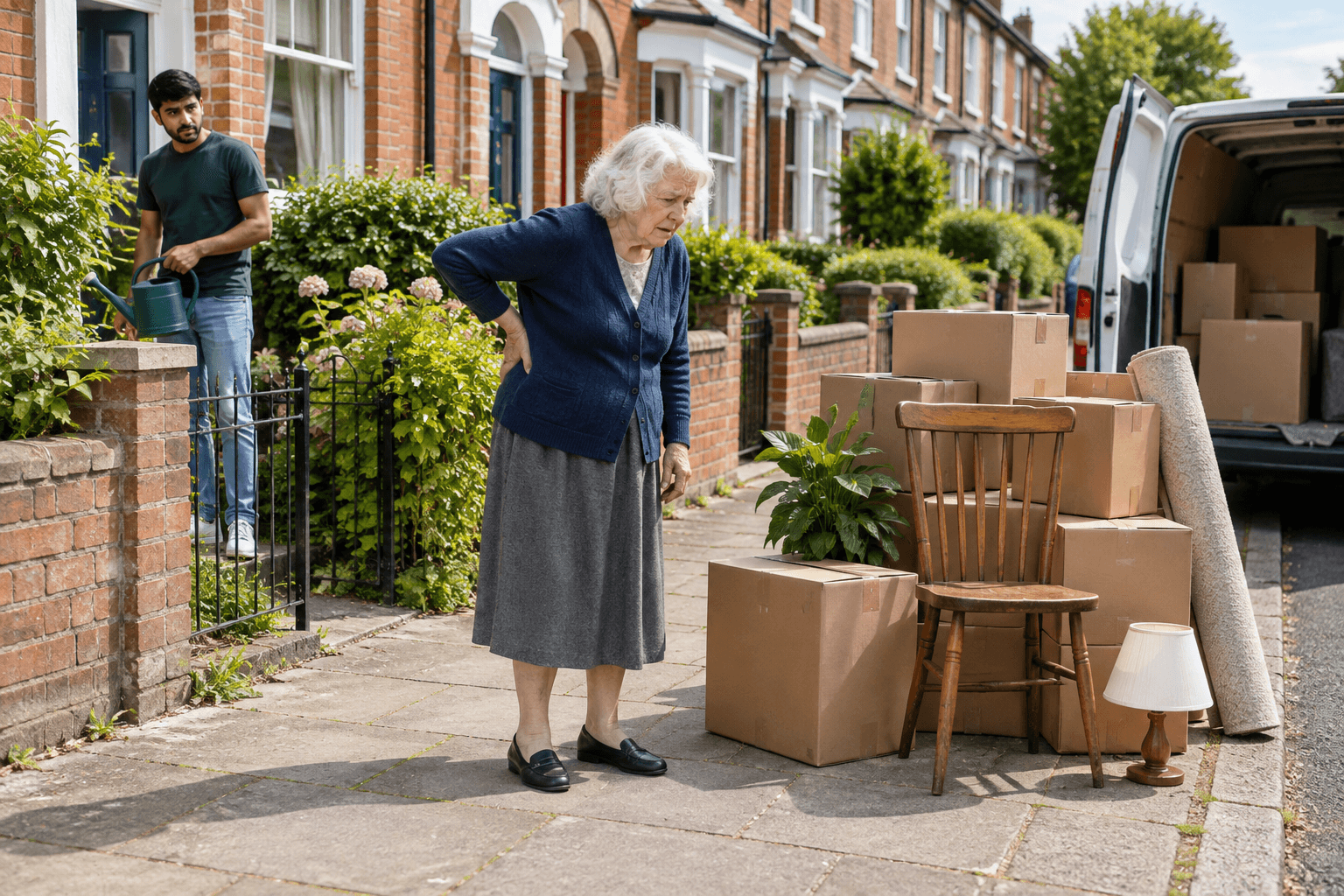 Mrs Green is standing next to a lot of boxes, a chair and a lamp outside her house. She looks tired. Her neighbour Ravi is watering his garden and sees her.